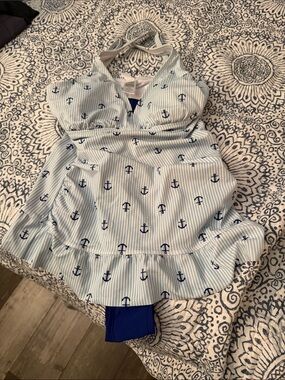 crown & ivy Light Blue and Navy Anchor Print Swimdress with Ruffle Hem